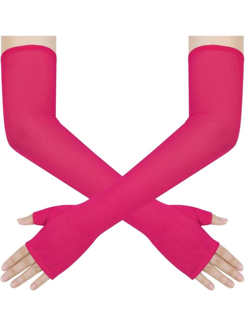 Women's Hot Pink Elbow Length Tulle Mesh Long Fingerless Opera Party Sheer Glove